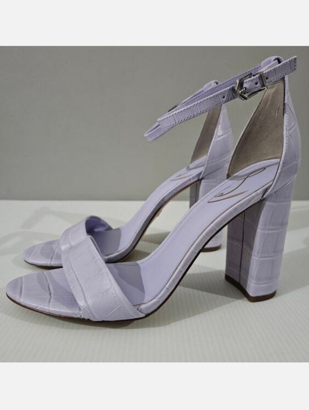 Sam Edelman Yaro Block Heel Sandal Lilac Purple Leather Croc Embossed Size 9.5